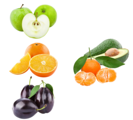 assortment of fresh fruit photograph featuring green apples, oranges, mandarins, avocados, and plums for balanced nutrition and healthy lifestyle promotion.