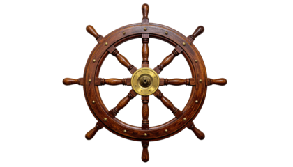 Dark wooden ship's wheel with golden central hub, isolated on black