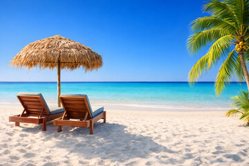 Tropical beach paradise with lounge chairs and palm tree under bright blue sky