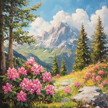 Vintage oil painting mountain landscape, pink wildflower meadow and pine forest, scenic alpine nature wall art background