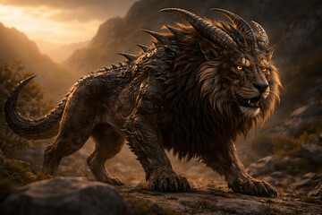 Drachenl&ouml;we &ndash; Mythisches Fantasiewesen in dramatischer Berglandschaft