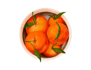 tangerines with leaves summer Oranges in a small bowl isolated hand drawn on transparent background.
