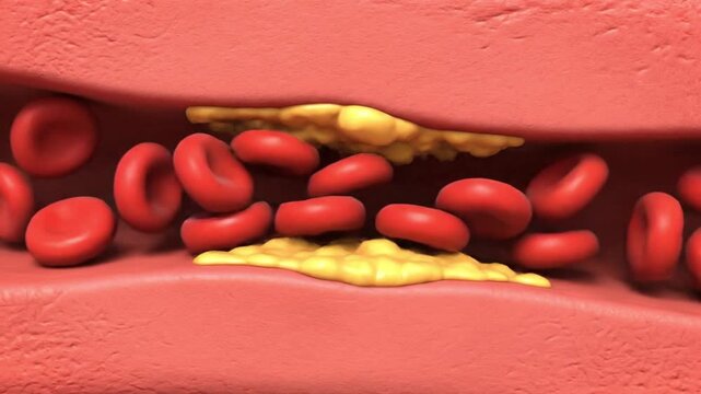 Artery cross section showing cholesterol plaque build-up restricting blood flow animation.