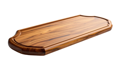 Rectangular wooden cutting board with smooth grain and curved edges, sits angled on a black background