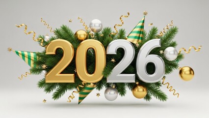 New year 2026 celebration with festive decoration golden and silver numbers, fir branches, party hats, and green ornaments Christmas holiday on grey background. Banner template New Year greeting card.