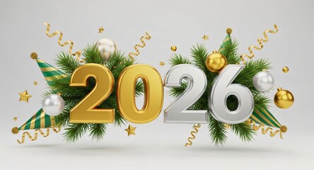 New year 2026 celebration with festive decoration golden and silver numbers, fir branches, party hats, and green ornaments Christmas holiday on grey background. Banner template New Year greeting card.