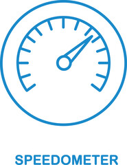 Speedometer icon, car dashboard gauge symbol, fast vehicle speed measurement, blue line art vector design illustration, auto acceleration sign.