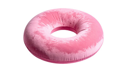Pink velvet donut-shaped cushion with soft light, casting subtle shadows