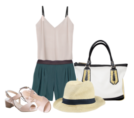 stylish summer outfit featuring a camisole top, shorts, sandals, hat, and tote bag, beautifully arranged for fashion blogs, style guides, and advertising campaigns.