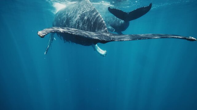 Humpback whale rises through turquoise water, fluke trailing softly behind in smooth motion
