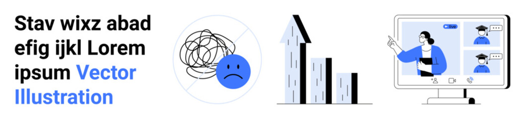 Mental health awareness, online education, growth data, visual communication, digital transformation, remote learning. Sad face and tangled lines, chart and online classroom. Mental health