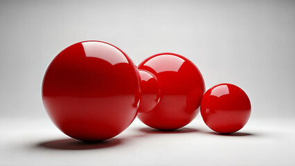 Three red shiny reflective metal spheres.
