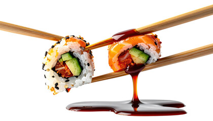 Two sushi rolls held by chopsticks, one with soy sauce dripping on a black surface