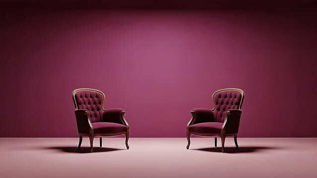 Two red chairs in empty room.