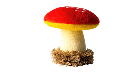 Plush mushroom with a red cap, yellow band, cream stalk, brown fur base, isolated against a black background