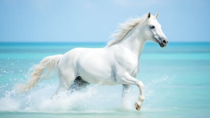 Naklejka premium White horse running through crystal clear ocean water splashing