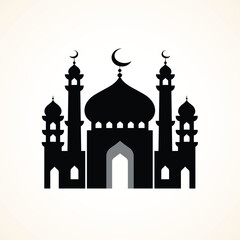 Elegant Black Mosque Silhouette Icon with Crescent Moon and Minarets