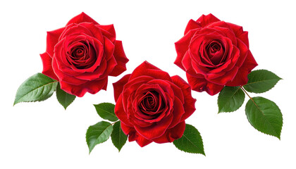 Three lush red roses with vibrant green leaves are elegantly arranged against a stark black background