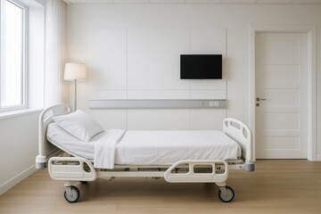 Modern hospital room interior with clean design, single medical bed, white walls, wooden floor, and TV on wall in bright clinical environment. Ai generative