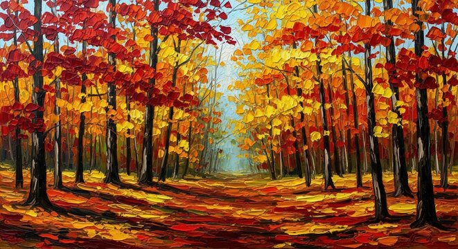 Vibrant autumn forest painting A scenic path winding through nature's colorful fall foliage - Powered by Adobe