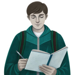 Young student with thoughtful expression writes in notebook, showcasing creativity and focus against transparent background