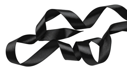 Wavy black ribbon, glossy and smooth, elegantly curved against a stark black backdrop, showcasing light and shadow