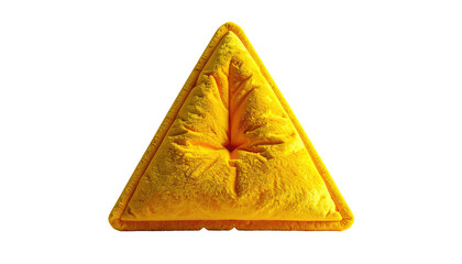 Yellow triangle soft form with wrinkled texture, centrally positioned, against a black backdrop with rim lighting