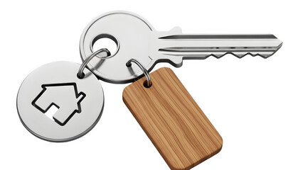 Silver house key with a house icon charm and wooden tag