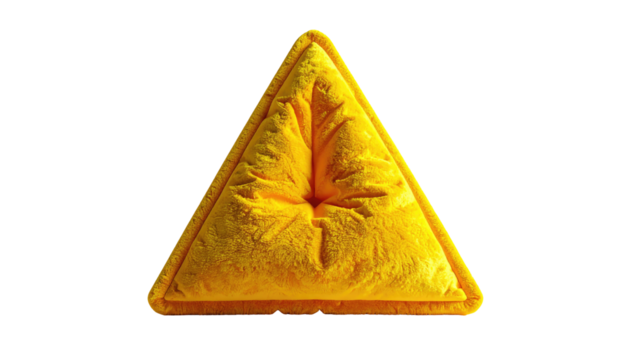 Yellow triangle soft form with wrinkled texture, centrally positioned, against a black backdrop with rim lighting - Powered by Adobe