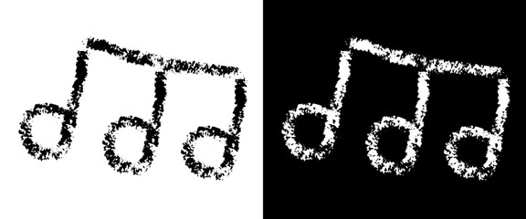 Hand drawn musical note in crayon chalk style. Black and white beamed eighth note with rough grunge texture. Vector isolated music icon.