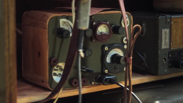 Detail view of historical Soviet military radio receiver, featuring various controls and gauges, piece of Red Army communication technology displayed at Great Patriotic War themed exhibition
