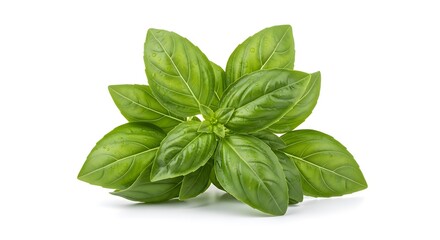 Fresh basil leaves arranged in a cluster on a white background