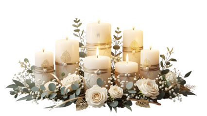 Arrangement of lit white pillar candles with roses and greenery