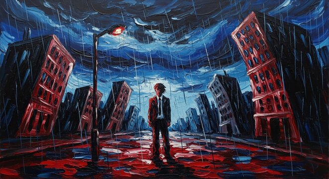 Despair in the Downpour A Solitary Figure Lost in a Crumbling City's Storm