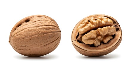Whole and halved walnuts displayed on a white background