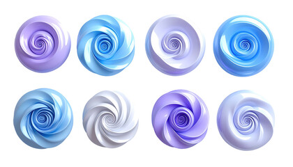 Eight swirl-centered, round forms in pastel lavender and blue tones against a dark, transparent background