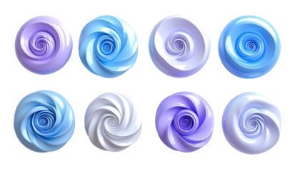 Eight swirl-centered, round forms in pastel lavender and blue tones against a dark, transparent background