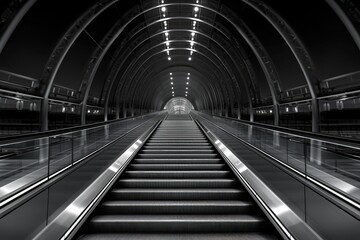 long empty escalator in underground station with stark black-and-white contrast and sleek metal surfaces for futuristic and architectural background applications