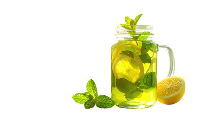 Refreshing beverage, clear jar holding lemon slices & mint leaves, with a half lemon, placed on dark background
