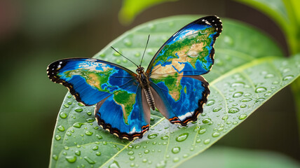 Colorful butterfly with Earth design on a leaf, symbolizing environmental awareness on Earth Day