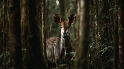 Okapi standing quietly in dense tropical forest.