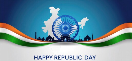 Republic Day of India design with iconic monuments silhouettes.