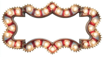 Ornamental, illuminated frame with red and white striped accents and numerous glowing light bulbs. Empty center provides space for custom text