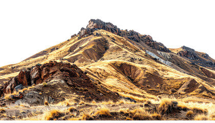 Rugged mountain peak illuminated by sunlight, showing arid landscape with golden grass in the foreground, dark background