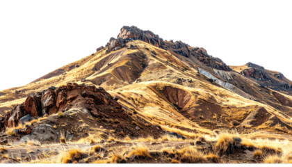 Rugged mountain peak illuminated by sunlight, showing arid landscape with golden grass in the foreground, dark background
