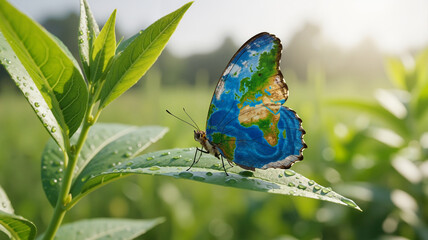 Colorful butterfly perched on a green leaf with Earth design, symbolizing Earth Day and nature's beauty