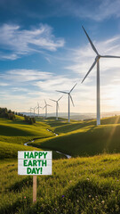 Scenic landscape of wind turbines with a sign promoting Earth Day celebration