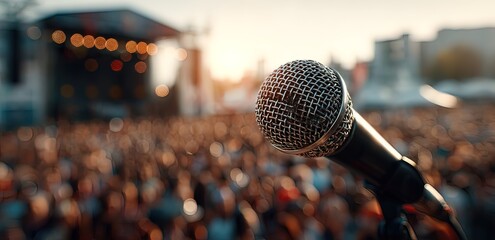 Microphone in front of crowd at event. High quality. High quality