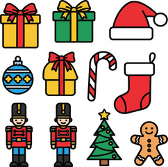 Festive Christmas including gifts toy soldiers and a gingerbread man on white holiday gift box present