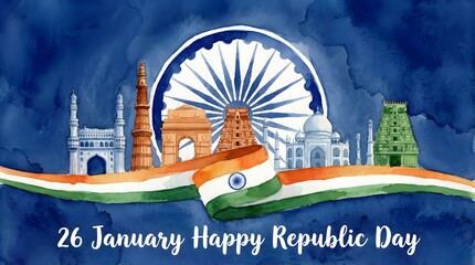 India Republic Day Celebration Watercolor Greeting Card Design.